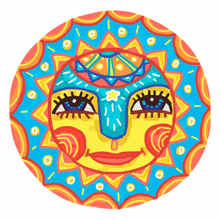 Bright sun decorated with ornaments. Symbol of spring and carnival. Vector in cartoon style funのイラスト素材