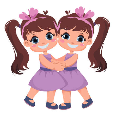 Two girls are twins. Sisters embrace. Kids on holiday. International Day of Hugs. Vector illustration in cartoon style funのイラスト素材