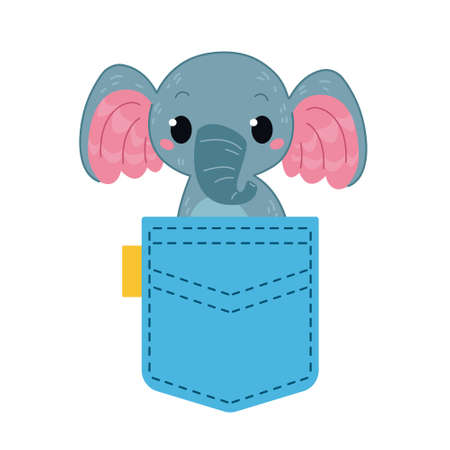 A little elephant looks out of a blue pocket. Vector illustration in cartoon style for children. Isolated funny clipart on a white background. Nice animal print of Africa.のイラスト素材