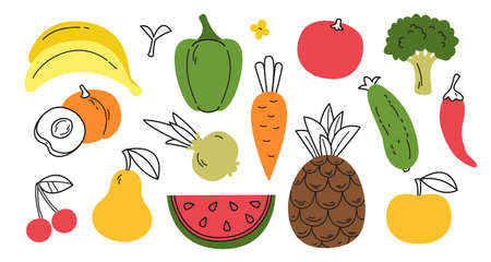 Vector illustration of colored fruits and vegetables in flat style with partial drawing. A set of vegetables and fruits. Vegetarian food.のイラスト素材