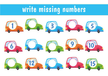 Write the missing numbers. Cartoon cars with numbers from 1 to 15. Transport mini-game for children. An educational math game for children. Fill in the row, write in the missing numbersのイラスト素材