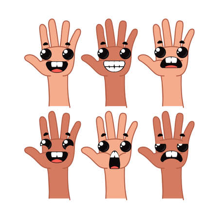Hands with different emotions on them. Cartoon funny character of human hand. Vector illustration in cartoon children s style. Isolated funny clipart on a white background. Cute print.のイラスト素材