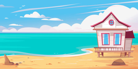 Empty beach and sea, beach bungalow house stands at the edge of the banner. Vector illustration of a hotel by the ocean. Cartoon house. Holidays on the islands in the hotel against the background of the sky. 3x6のイラスト素材