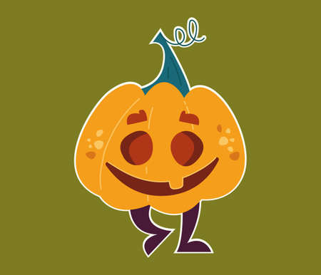 Funny pumpkin with a smile and legs. Halloween character dancing. Vector illustration in cartoon style for children. Isolated funny clipart on a green background with a white outline. Cute printのイラスト素材