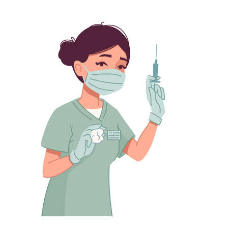 A nurse in a protective mask holds a syringe with a vaccine.のイラスト素材