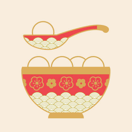Tangyuan rice balls. Tasty glutinous rice balls in a traditional porcelain red bowl with Chinese floral pattern. Plate and spoon set. Lantern festival.のイラスト素材