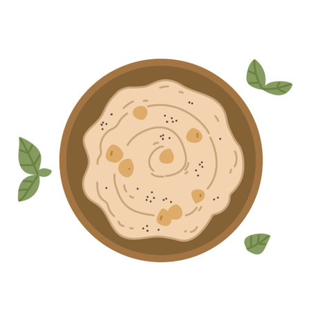 A plate of hummus, chickpea dishes. Healthy vegetarian breakfast in a flat style. International hummus day vector illustration. Isolated vector image on white background.のイラスト素材