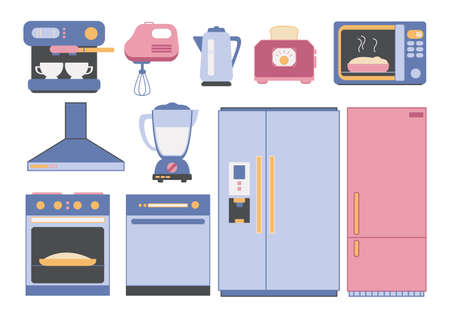 Kitchen furniture and cooking appliances set. Refrigerator, oven, mixer, toaster, coffee maker, etc. Pink and blue shades. Flat style vector illustration isolate.のイラスト素材