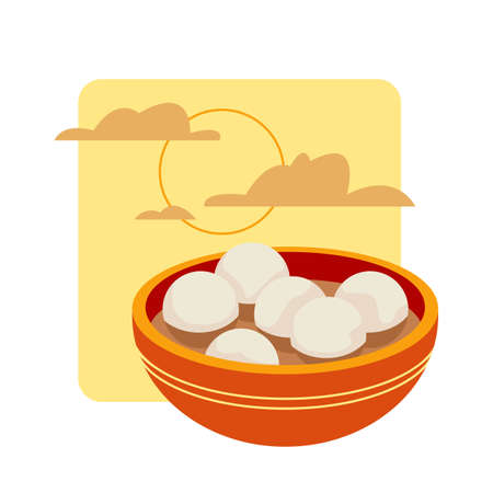 Taiwan traditional holiday food. Tasty glutinous rice balls in a traditional orange porcelain bowl against the background of the sunset sky. Lantern festival. Vector Isolate art in flat style.のイラスト素材