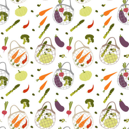 Pattern with mesh bags with vegetables for preparing healthy organic food. Vector pattern with vegetarian purchases in flat style on white backgroundのイラスト素材
