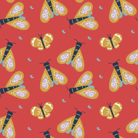 Moths and butterflies seamless pattern in the style of Scandinavian minimalism. Insect ocher pattern on a red background. Vector illustration for packaging, textiles, print designのイラスト素材