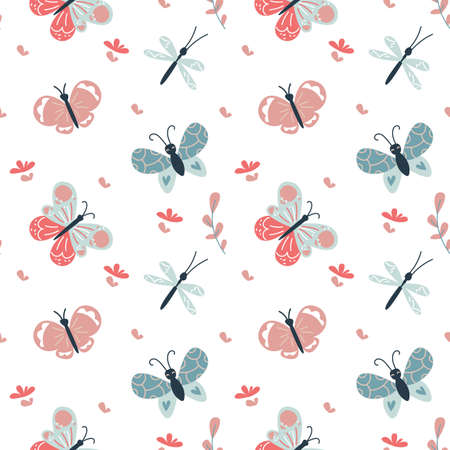 Cute butterflies seamless pattern in the style of scandinavian minimalism. Pattern with pink and blue insects on a white background. Vector illustration for packaging, textiles, print designのイラスト素材