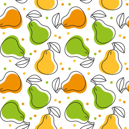 Seamless pattern with pears. Yellow, green and orange pears with black line strokes on a white background. Vector pattern with fruits. Suitable for packaging and site decorationのイラスト素材