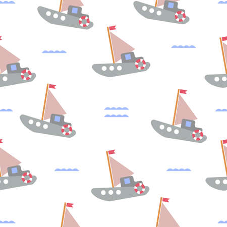 Seamless pattern with cute gray-pink boats floating on the waves against a white background. Children s pattern in the style of minimalism. Vector flat illustration for print design, textiles.のイラスト素材