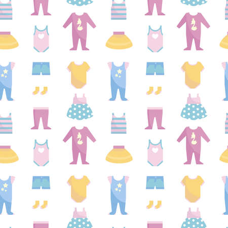 Baby clothes for a newborn toddler, seamless pattern on a white background. Pink, blue and yellow little girl clothes. Vector illustration with baby wardrobe. For print design, textiles, postcardsのイラスト素材