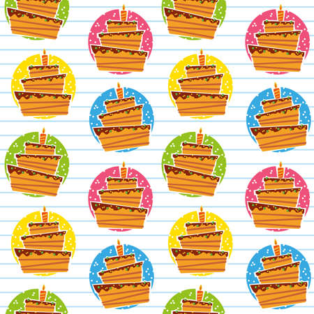 Seamless pattern with bright colored cakes on multi-colored circles with candles. Beautiful cheerful cake for birthday of the kid. Vector illustration for textile decoration, postcards, bakery designのイラスト素材