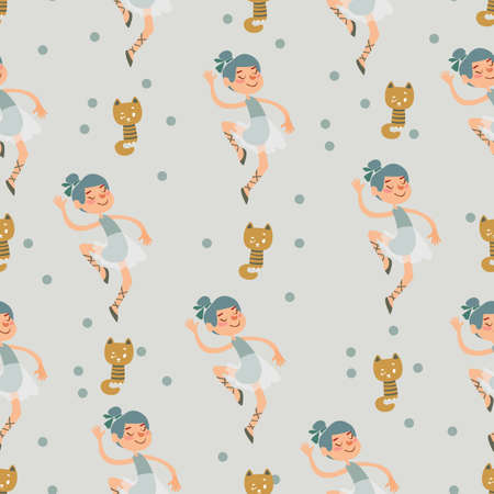 Seamless pattern with cartoon cute ballerinas and cats on a gray background. Children s drawing hand-drawn with kittens and little girls in the style of Scandinavian minimalism. Vector illustration.のイラスト素材
