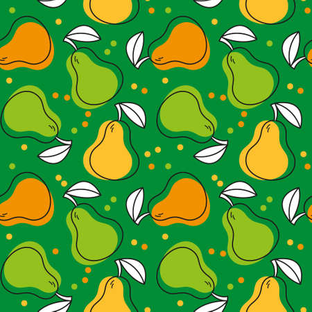 Seamless pattern with pears on a green background. Yellow, green and orange pears with black strokes...
