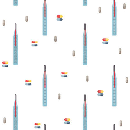 Seamless pattern with thermometers and pills on a white background. Vector illustration in...
