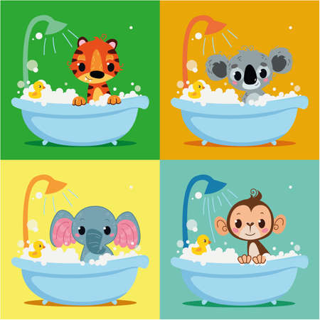 A set of animals that are washed while sitting in the bathroom under the shower. Tiger, koala, elephant and monkey take care of cleanliness and hygiene. Vector art of characters in cartoon kids style.のイラスト素材