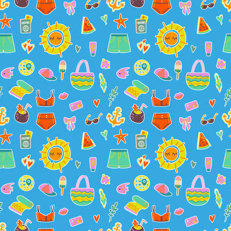 Seamless pattern with bright summer print with travel elements on a blue background. Swimsuit, suitcase, glasses, ice cream, etc. Vector illustration in minimalistic flat style. Kids cartoon printのイラスト素材