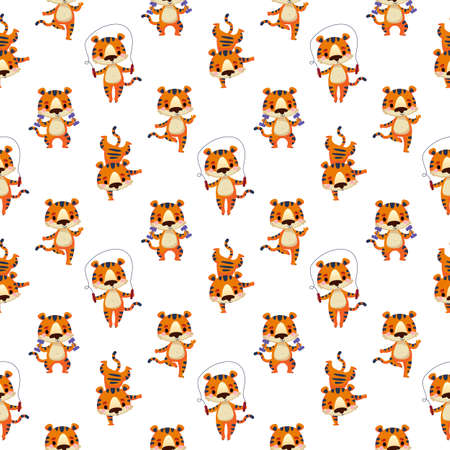 Seamless pattern with a tiger in different poses, which goes in for sports on a white background. Vector illustration of a sports animal in cartoon style. Children s print for textiles, postcardsのイラスト素材