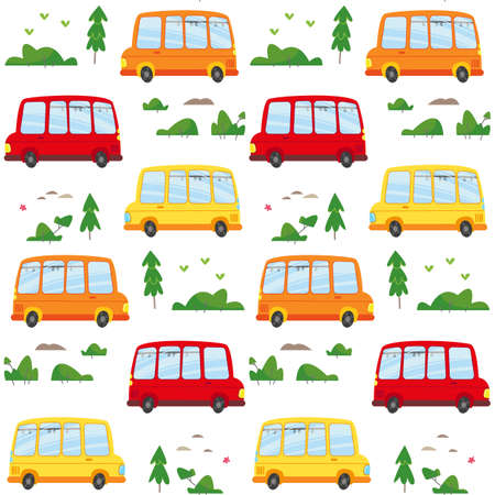 Seamless pattern with cute multicolored school buses on a white background. Vector illustration of cars in a minimalistic flat style, hand-drawn. Auto print for textiles, print design, postcards.のイラスト素材