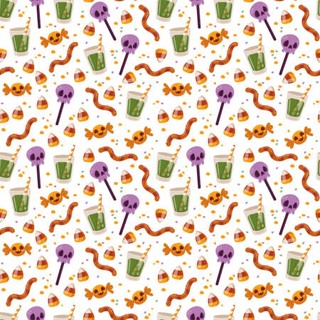 Seamless pattern with Halloween sweets on a white background. Lollipops, pumpkin, drink, worms and candy. Vector illustration in minimalistic flat style, hand made child s drawing. Textile printing.のイラスト素材