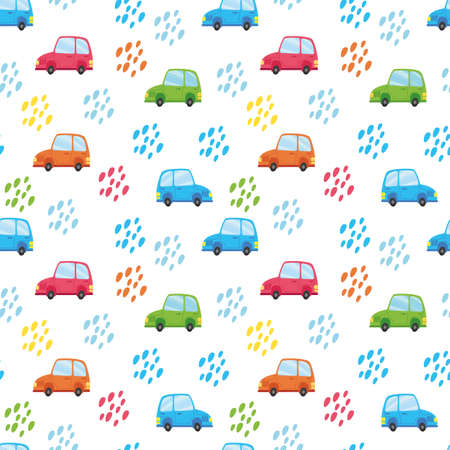 Multicolored cartoon cars, Seamless pattern on a white background. Vector illustration of children s transport in a minimalistic flat style, hand-drawn. Print for textiles, print design, postcards.のイラスト素材