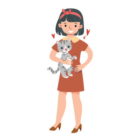 Cartoon girl in a dress and heels holding a gray cat. Woman in red short dress with pet, funny funny illustration about love for animals. Vector in children s style. Isolated clipart of veterinar.のイラスト素材