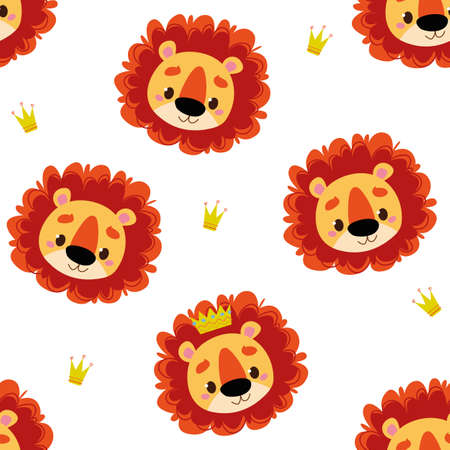 Seamless pattern with cartoon lions on a white background. Vector illustration of an animal character in a minimalistic flat style, hand drawing. Children s print for textiles, print design, postcardsのイラスト素材