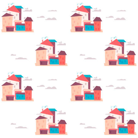 Seamless pattern with minimalistic houses on a white background. Vector illustration with architecture and city in minimalistic flat style, hand-drawn. Print for textiles, print design, postcardsのイラスト素材