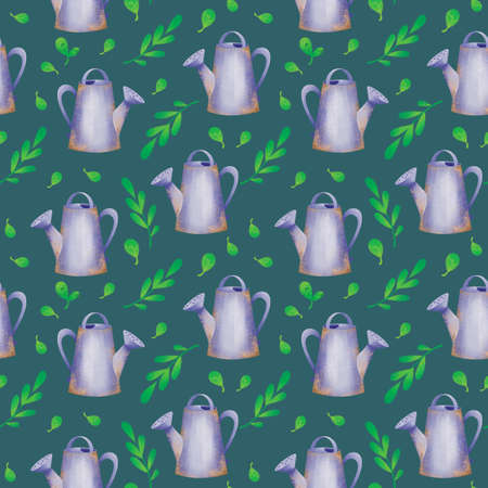 Seamless pattern with garden watering cans and plants on a dark green background. Gardening pattern in childrens cartoon style. Raster illustration in realistic style, hand drawingの写真素材