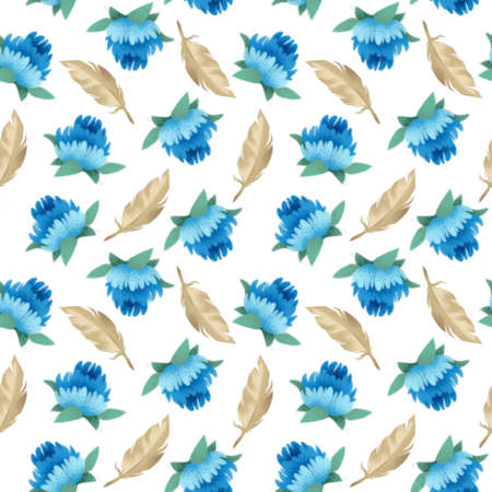 Seamless pattern with beautiful watercolor blue clover flowers and golden bird feathers on a white background. Spring symbol print in a cute style. Raster illustration, hand drawingの写真素材