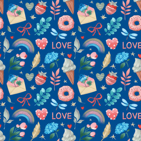 Beautiful seamless pattern with ice cream, rainbow, sweets, strawberries, the inscription love on a blue background. Illustration in a watercolor style, hand drawingの写真素材