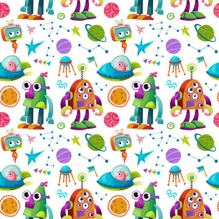 Robots, planets, stars and ufo Seamless pattern on a white background. Cheerful childrens multicolored illustration in cartoon style, hand drawingの写真素材