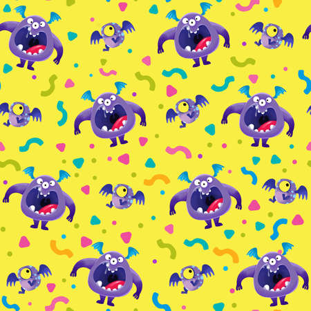 Purple monsters and confetti, Seamless pattern on a yellow background. Cheerful childrens multicolored illustration in cartoon style, hand drawing.の写真素材