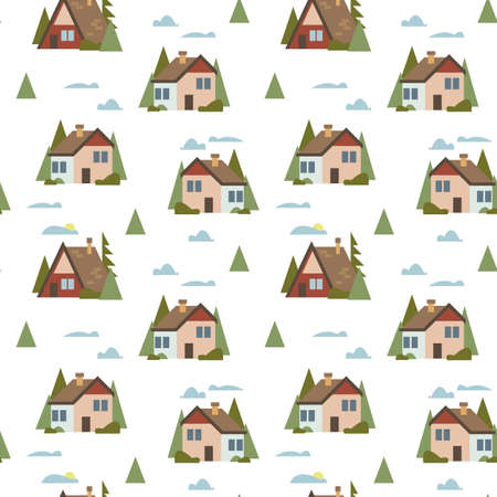 Seamless pattern with minimalistic brown houses and Christmas trees on a white background. Vector illustration with architecture and city in minimalistic flat hand-drawn style. Printing for textiles.のイラスト素材