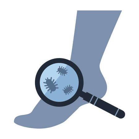 The concept of studying the fungus legs. The loupe is aimed at the silhouette of the human foot. The symbol of a dermatologistのイラスト素材