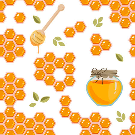 Seamless pattern with honeycombs and a jar of honey on a white background. Vector illustration in minimalistic flat style, hand drawing. Kitchen textile print, print design, postcards, menuのイラスト素材