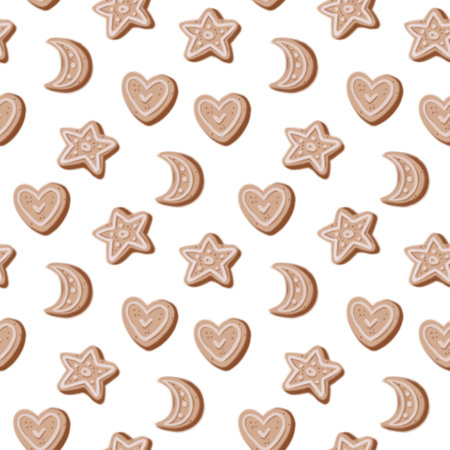 Easter gingerbread cookies, in the form of a heart, moon and stars. Seamless cartoon cute beige pattern on a white background. New Year, children's funny illustration, freehand drawing. Baby printの写真素材