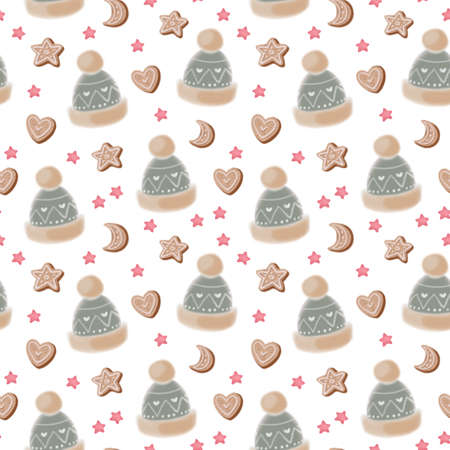 Christmas pattern, hat, sweets, gingerbread cookies. Seamless cartoon cute green pattern on a white background. New Year, children's funny illustration, freehand drawing. Children's print.の写真素材