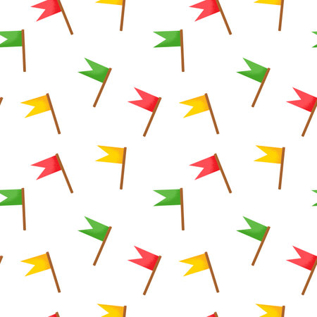 Multi-colored flags for the holiday. Seamless cartoon cute pattern on a white background. Birthday, children's funny illustration, freehand drawing.の写真素材