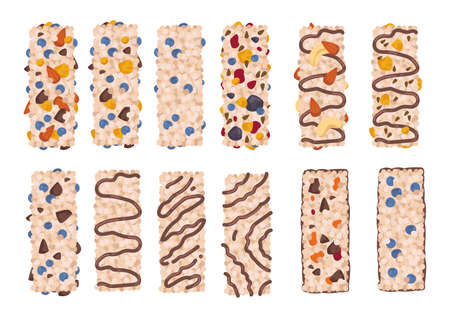 A set of cereal bars made of muesli, nuts and chocolate. Vector illustration of healthy vegan dessert in cartoon childish style. Isolated clipart food on white background.のイラスト素材