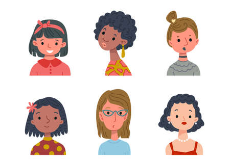 Set of cartoon women of different nationalities and ages. Portrait of a funny character in a stylized cute style. Vector illustration of people, European, Asian, black.のイラスト素材