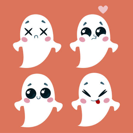 A set of cute ghosts with different emotions on an orange background. Vector illustration of a Halloween character in cartoon childish style.のイラスト素材