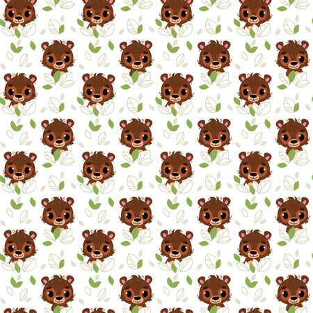 Seamless pattern with cartoon brown bears on a white background. Vector cute animal illustration in minimalistic flat style. Children s print for textiles, print design, postcardsのイラスト素材
