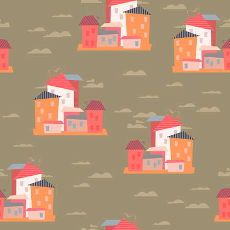 Seamless pattern with a minimalistic house on a beige background. Vector illustration with architecture and city in minimalistic flat style. Printing for textiles, print designのイラスト素材