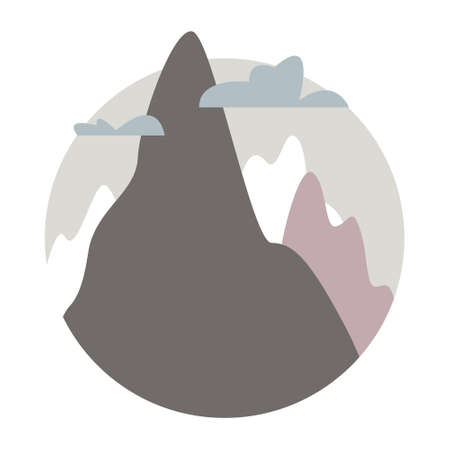 Round logo with a mountain and clouds. In the gray-beige blue range. Vector on white background.のイラスト素材