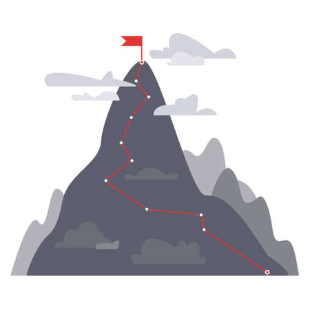 The concept of achieving the goal and the top. Mountain with a red flag on top. Trajectory to victory. Vector on white background.のイラスト素材